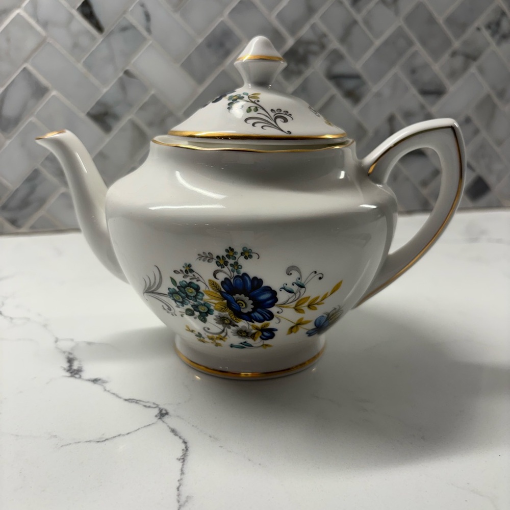 Royal Tara China Floral White and Blue Teapot with Gold Accents